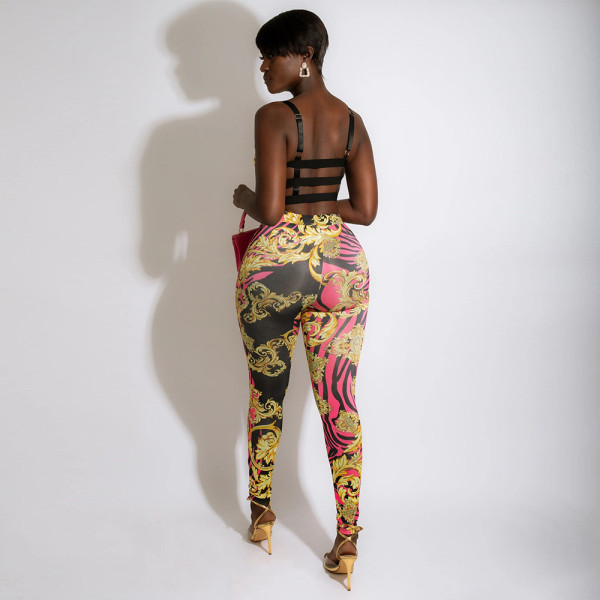 Fashion Casual Sling Wrap Chest Decorative Buckle Print Two-piece Set