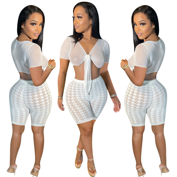 Fashion Sexy Mesh See-Through Open Waist V-Neck Two-piece Set