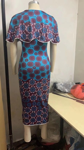 Vintage Print Waist Pencil Skirt Cape Two-Piece Set