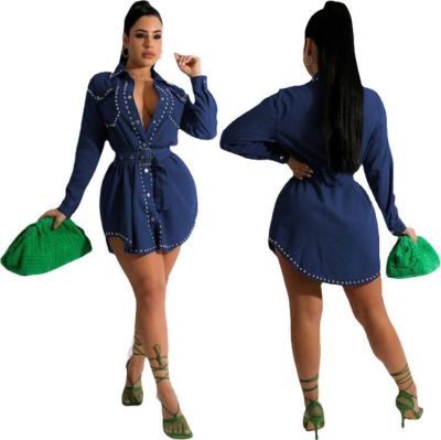 Ladies Loose Casual Rivet Bubble Pocket Hot Drill Belt Denim Jacket