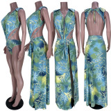 Sleeveless Cardigan Print Swimsuit Two Piece