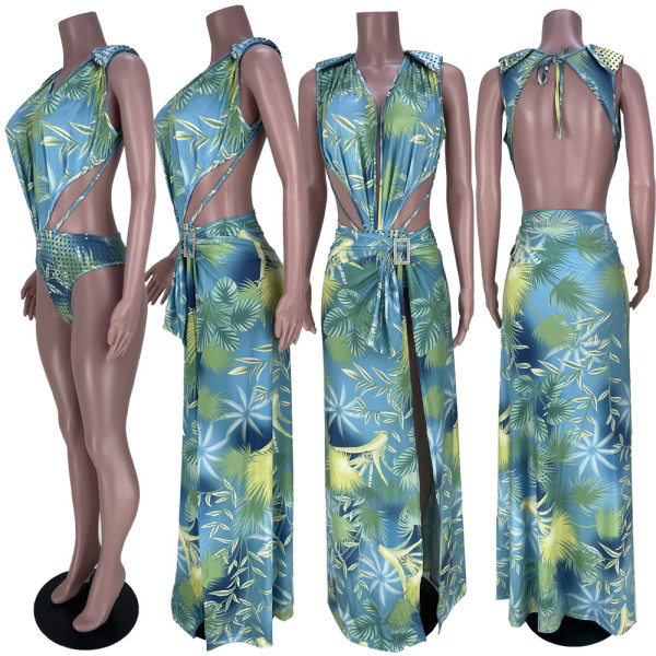Sleeveless Cardigan Print Swimsuit Two Piece