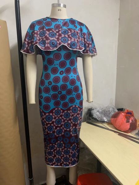 Vintage Print Waist Pencil Skirt Cape Two-Piece Set