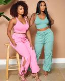 Women's solid color sexy deep V vest with trousers slit and lace wide leg two-piece suit