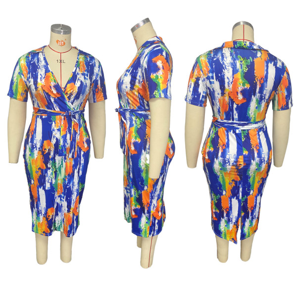 Plus Size Printed Hip Tie Sexy Dress