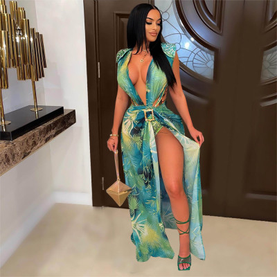 Sleeveless Cardigan Print Swimsuit Two Piece