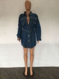 Ladies Loose Casual Rivet Bubble Pocket Hot Drill Belt Denim Jacket