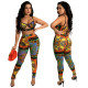 Fashionable sexy suspender wrap chest and eyelet print casual two-piece suit