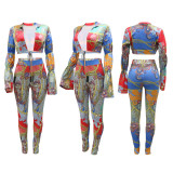 Fashion Casual Versatile Bandage Flared Sleeve Leggings Two-piece Sexy Suit