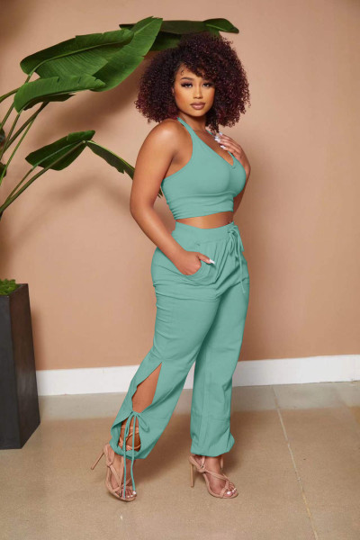 Women's solid color sexy deep V vest with trousers slit and lace wide leg two-piece suit