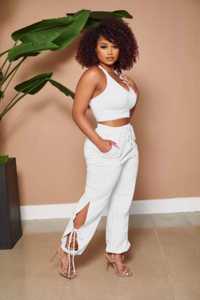 Women's solid color sexy deep V vest with trousers slit and lace wide leg two-piece suit