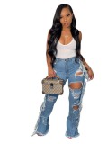 Front and rear ripped loose tassel flared jeans