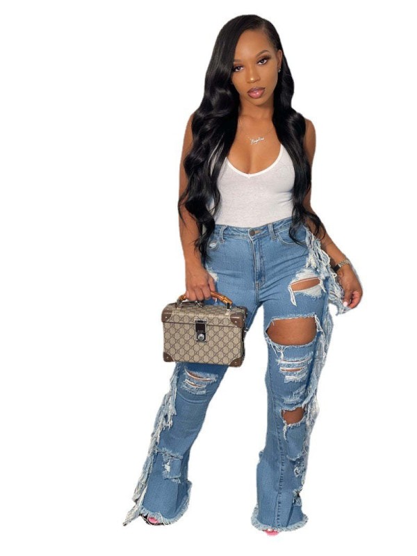 Front and rear ripped loose tassel flared jeans