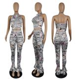 Fashion New Newspaper Butterfly Print Two Piece Set