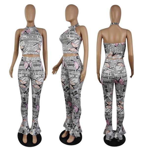 Fashion New Newspaper Butterfly Print Two Piece Set