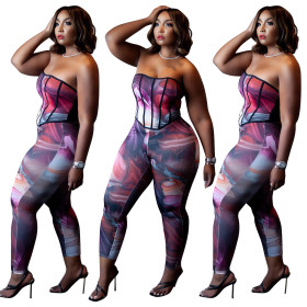 Plus Size Women's Printed Tie-Dye Wrap Pants Two-Piece Set