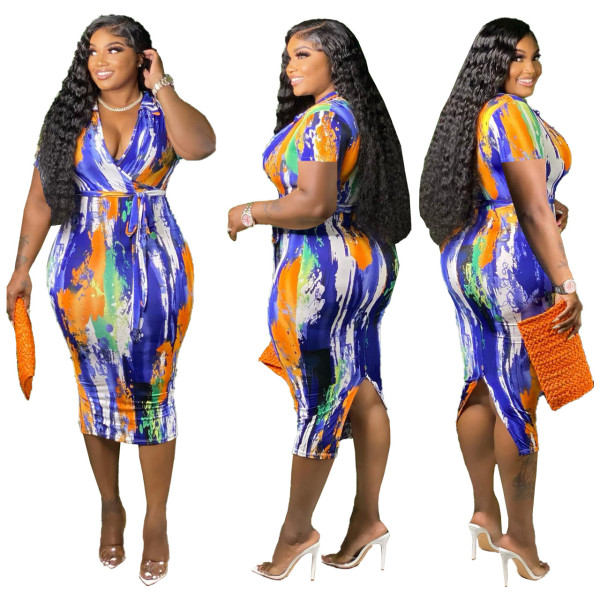 Plus Size Printed Hip Tie Sexy Dress