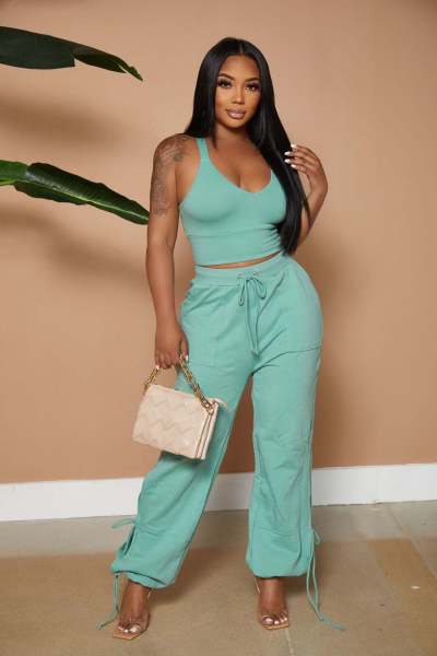 Women's solid color sexy deep V vest with trousers slit and lace wide leg two-piece suit