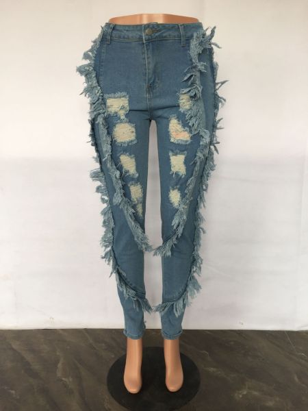 Women's ripped fashion tassel sexy slim skinny jeans