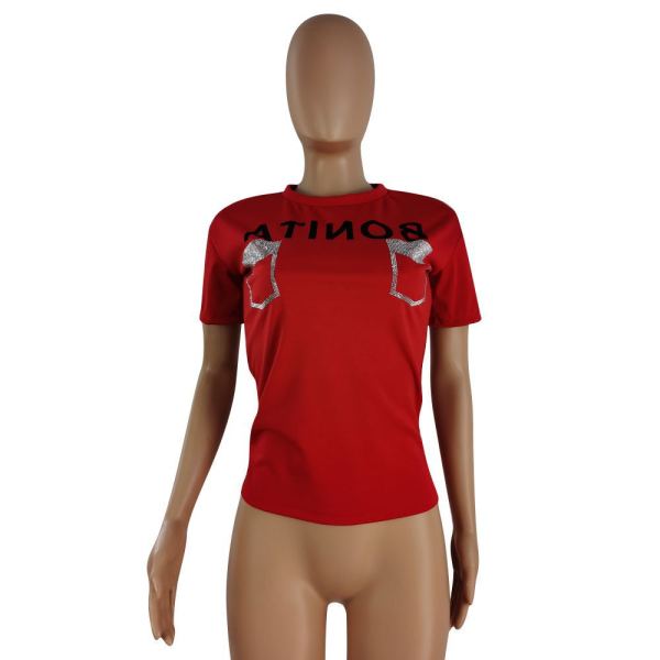 Summer solid color hot diamond casual round neck T-shirt women's short sleeves