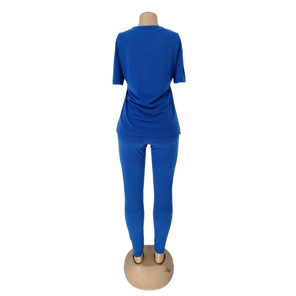 Women's short-sleeved suit split T-shirt summer two-piece solid color pencil pants