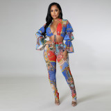 Fashion Casual Versatile Bandage Flared Sleeve Leggings Two-piece Sexy Suit
