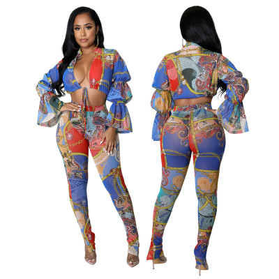 Fashion Casual Versatile Bandage Flared Sleeve Leggings Two-piece Sexy Suit
