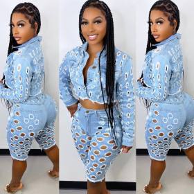 Women's sexy new fashion hole jeans + trend hole jacket top two-piece set