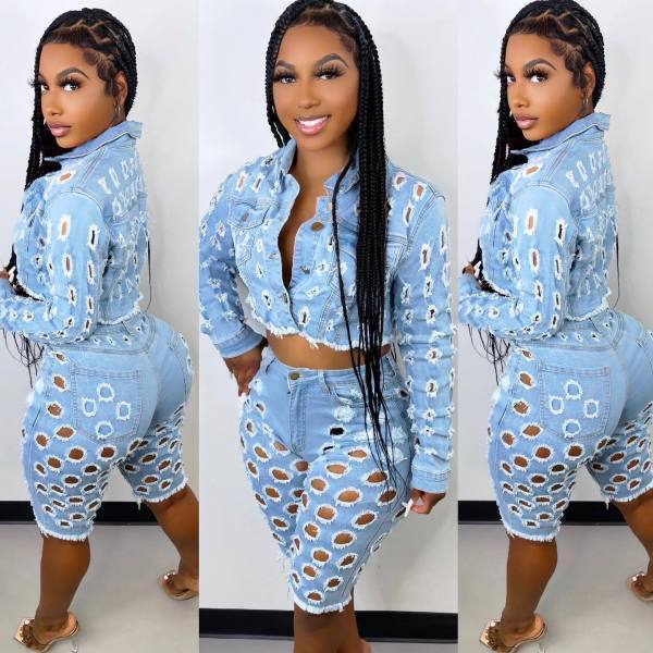 Women's sexy new fashion hole jeans + trend hole jacket top two-piece set