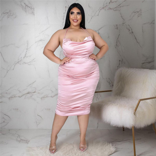 Plus Size Women's Nightclub Halter Strap Pleated Zipper Shiny Dress