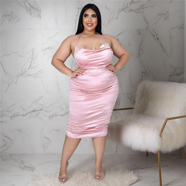 Plus Size Women's Nightclub Halter Strap Pleated Zipper Shiny Dress