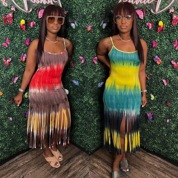 Women's Cute Tie Dye Printed Fringe Slip Dress