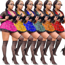 Women's Plaid Printed Mesh Panel Contrast Color Lace Top Lace A-Line Skirt Set Women's Plaid Printed Mesh Panel Contrast Color Lace Top Lace A-Line Skirt Set