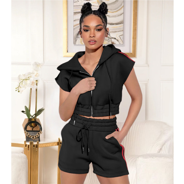 Casual Hooded Tie Zip Pocket Tracksuit Two-Piece Set