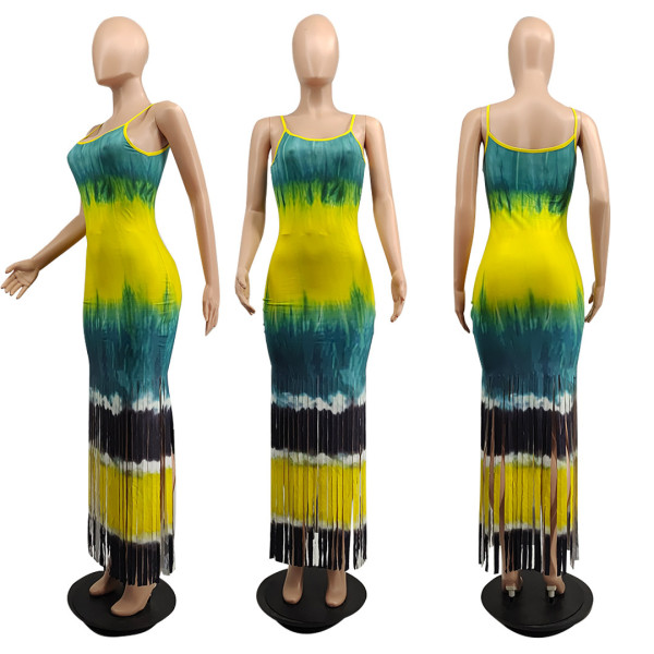 Women's Cute Tie Dye Printed Fringe Slip Dress