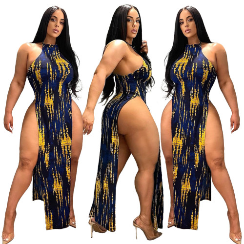 High slit halterneck backless sexy dress