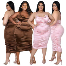 Plus Size Women's Nightclub Halter Strap Pleated Zipper Shiny Dress