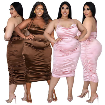 Plus Size Women's Nightclub Halter Strap Pleated Zipper Shiny Dress