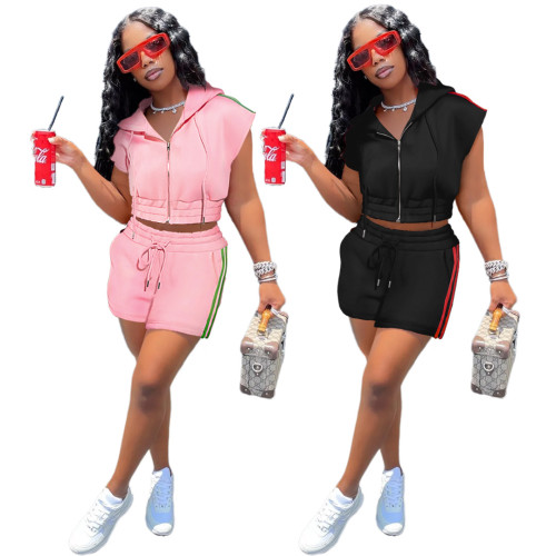 Casual Hooded Tie Zip Pocket Tracksuit Two-Piece Set