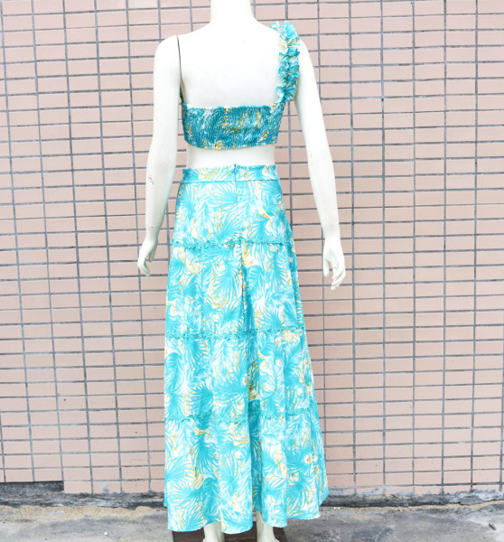 Printed One Shoulder Sleeve Two Piece Fashion Sexy Slim Dress