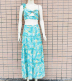 Printed One Shoulder Sleeve Two Piece Fashion Sexy Slim Dress