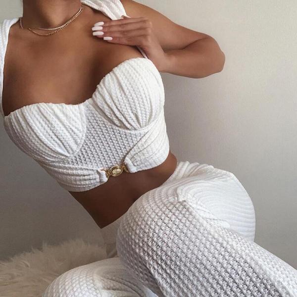 Temperament Stretch Bandeau Top High Waist Flared Pants Set