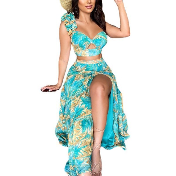 Printed One Shoulder Sleeve Two Piece Fashion Sexy Slim Dress