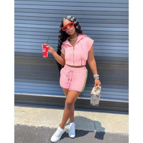 Casual Hooded Tie Zip Pocket Tracksuit Two-Piece Set