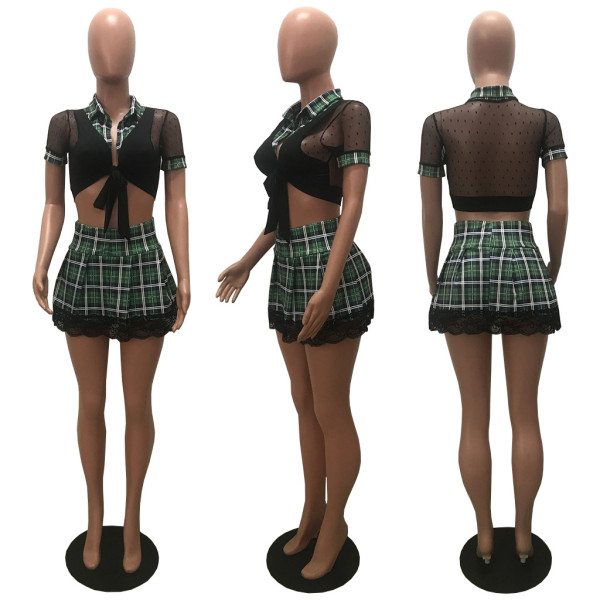Women's Plaid Printed Mesh Panel Contrast Color Lace Top Lace A-Line Skirt Set