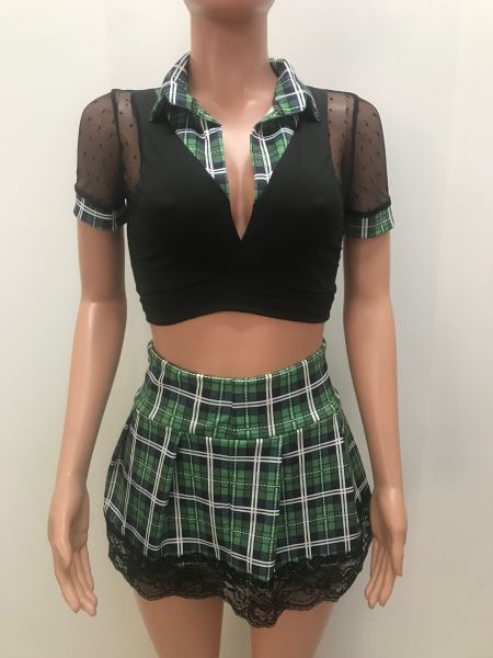 Women's Plaid Printed Mesh Panel Contrast Color Lace Top Lace A-Line Skirt Set