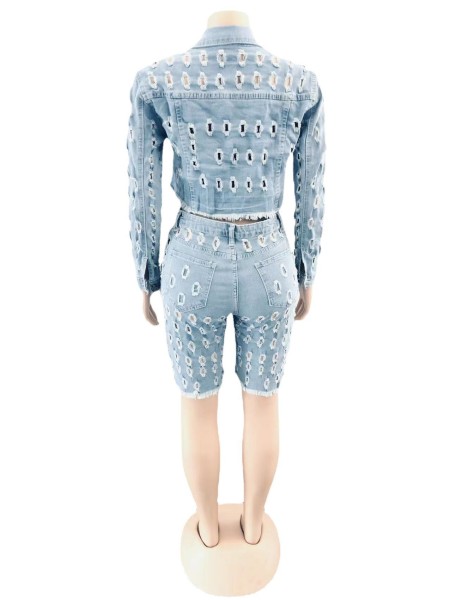 Women's sexy new fashion hole jeans + trend hole jacket top two-piece set