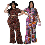 Fashion Plus Size Women's Nightclub Clothes Fashion Printed Short Sleeve Flared Pants Two Piece Set