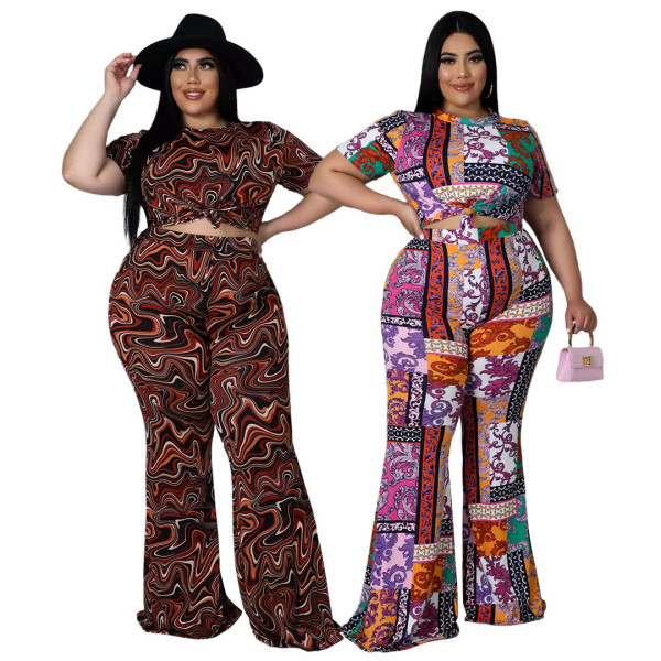 Fashion Plus Size Women's Nightclub Clothes Fashion Printed Short Sleeve Flared Pants Two Piece Set