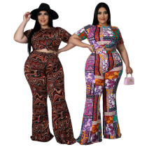 Fashion Plus Size Women's Nightclub Clothes Fashion Printed Short Sleeve Flared Pants Two Piece Set Fashion Plus Size Women's Nightclub Clothes Fashion Printed Short Sleeve Flared Pants Two Piece Set